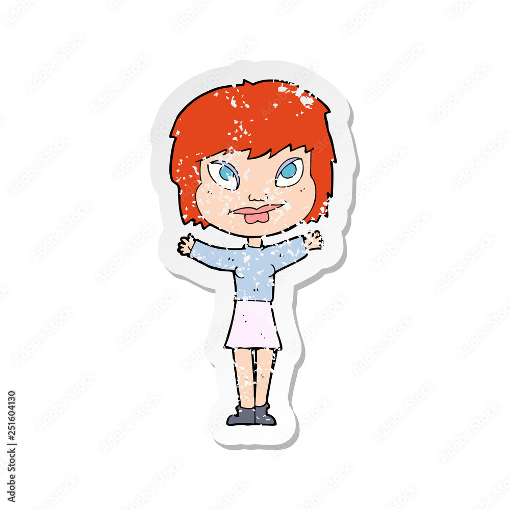 retro distressed sticker of a cartoon woman waving arms retro distressed sticker of a cartoon woman waving arms