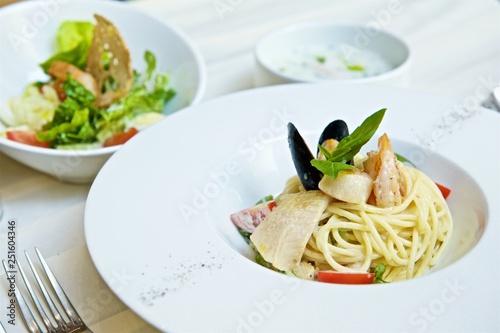 spaghetti with seafood and herbs