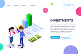 Isometric Investment Concept. Man talks about the benefits of investment on the background of the graph of growth of income. Can use for web banner, sites, infographics, print products.