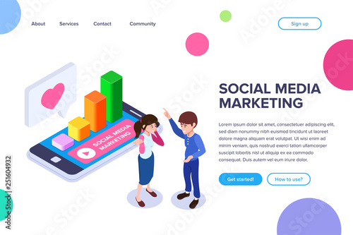 Isometric Social Media Marketing Concept. An employee talks about the importance of promoting business in social networks against the background of growth graph and a mobile phone.