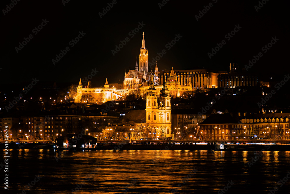 The Fisherman's Bastion and the Matthias Church on the riverbank of Danube at Budapest, Hungary
