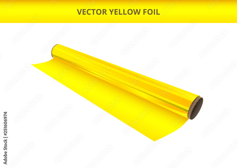 Vector illustration of open roll of plastic yellow foil. Packaging material, decorative, wrapping or adhesive foil, hot stamping foil or other foil. Icon is isolated on a white background. Vector illustration of open roll of plastic yellow foil. Packaging material, decorative, wrapping or adhesive foil, hot stamping foil or other foil. Icon is isolated on a white background.