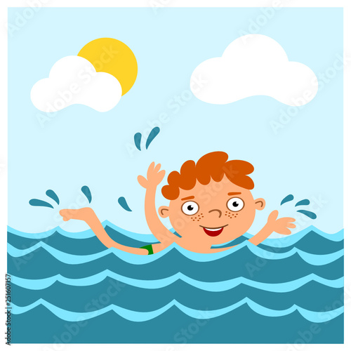 Little funny boy in cartoon style swims in the sea in summer