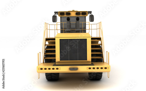 Powerful yellow hydraulic wheel bulldozer isolated on white. 3D illustration. Rear view. Eye level.