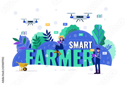 Smart farmer navigating drone above farmland. Modern agriculture concept. Flat design elements. Vector illustration
