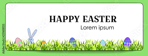 Vector horizontal banner for Happy Easter with painted eggs and bunny. Rabbit and eggs with a floral pattern. Decoration of green grass. Holiday white background for design cover, booklet.