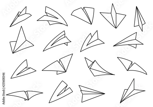 Set of paper airplanes. Origami, different view of flying plane in the air. Thin line vector illustration 