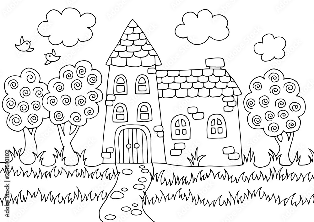 Doodle coloring book with old fairy house
