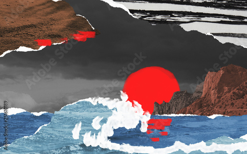 Surreal contemporary collage composition made of torn pieces of retro paper and photos. Seascape with foaming water, mountains and bright red sunset. Cut out fragments hand made painted.