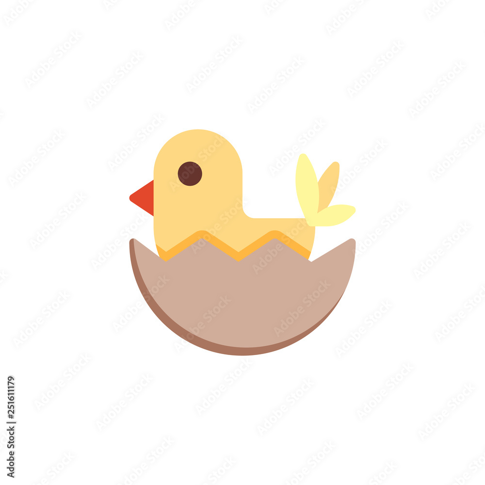 Fototapeta premium Easter egg with baby chick flat icon, vector sign, colorful pictogram isolated on white. Cracked hen's egg with chicken symbol, logo illustration. Flat style design