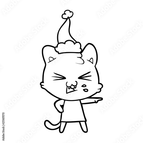 line drawing of a hissing cat wearing santa hat