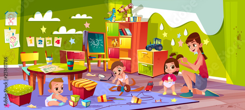 Children in nursery school cartoon vector. Baby boys playing toys, female teacher making pigtails to little girl in nursery age group of kindergarten illustration. Early childhood education concept
