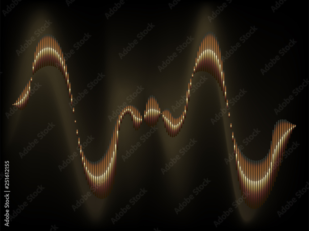 Sound waveform or sine wave. Player, playback or sound processing. Digital sound analysis. Metallic profile.