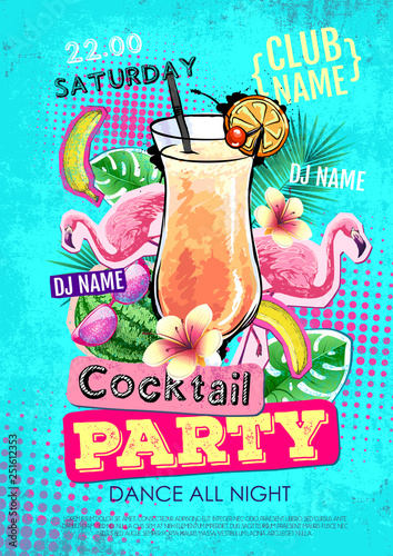 Summer Cocktail party disco poster design. Zine cutlure style