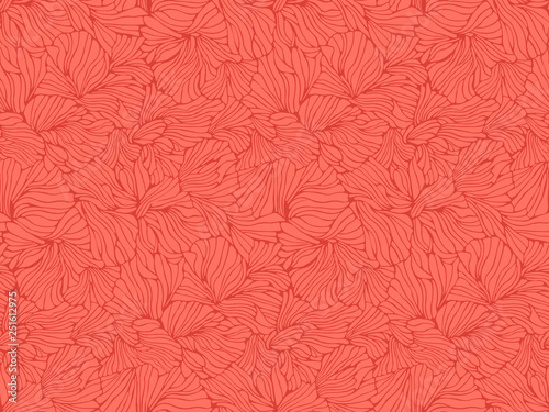 Living Coral color background . Main trend concept. Linear seamless pattern. Stylish decor with elegant lines and curls.