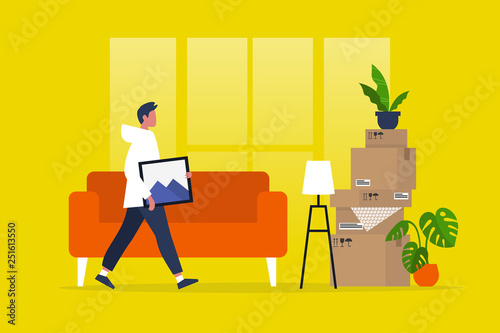 Young male character moving to a new apartment. Relocation. Mortgage. Flat editable vector illustration, clip art