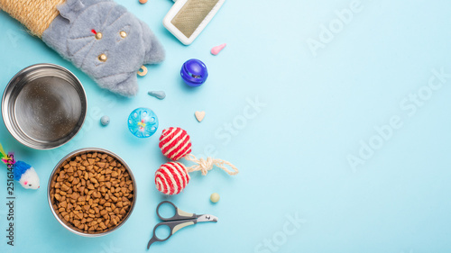 Pets and cute animals, pets, cute cats, food and accessories for cat's life, Flat lay, space for a dresser, on a blue background. Zoomarket, pet shop
