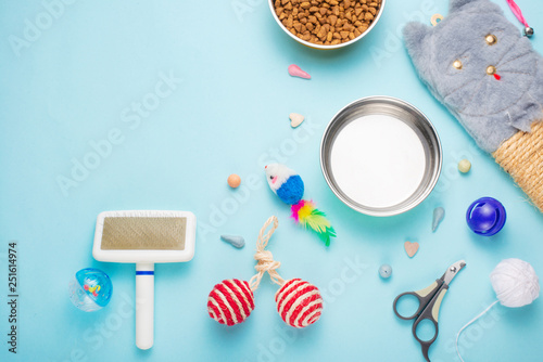 Schilderij op canvas Pets and cute animals, pets, cute cats, food and accessories for cat's life, Flat lay, space for a dresser, on a blue background
