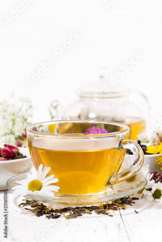 fragrant herbal tea in a cup, vertical