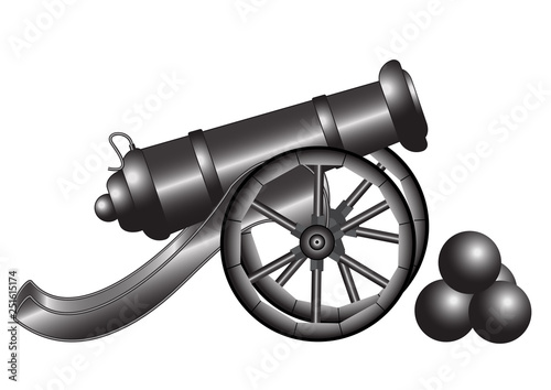 The image of an old cannon on wheels, next to three cores, an artillery gun for firing cores.