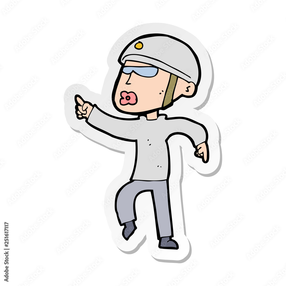 sticker of a cartoon man in bike helmet pointing