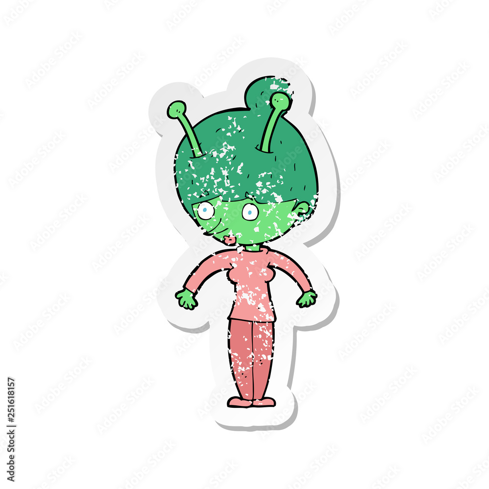retro distressed sticker of a cartoon alien woman retro distressed sticker of a cartoon alien woman