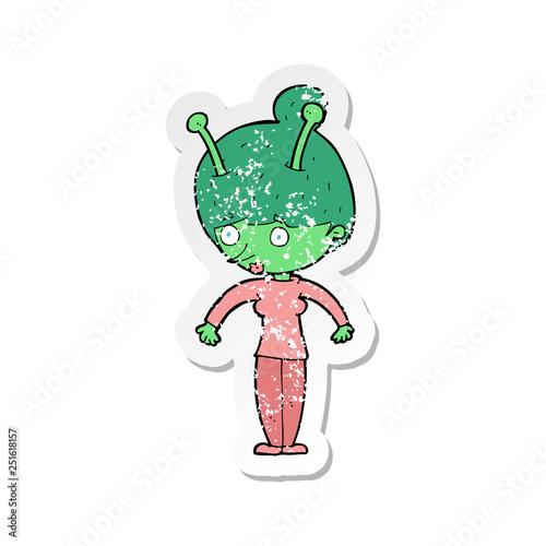 retro distressed sticker of a cartoon alien woman