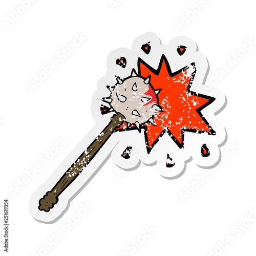 retro distressed sticker of a cartoon bloody medieval mace
