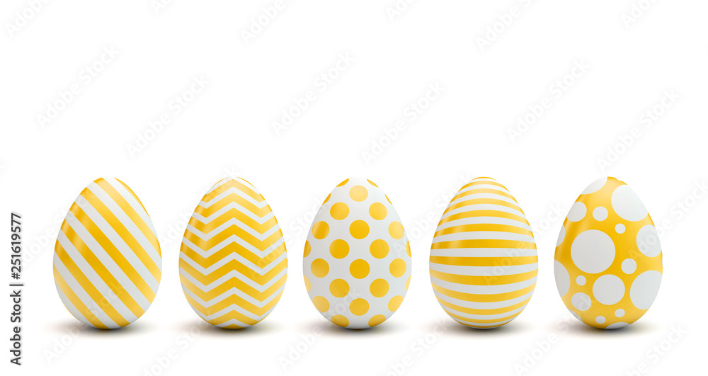 A line of easter eggs with colourful decorated patterns