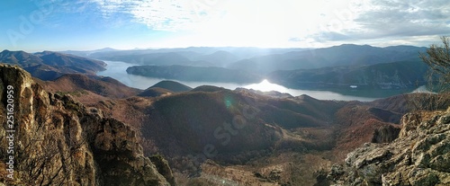 View from top of the rocky hill. The river Danube crossing between Romania and Serbia.