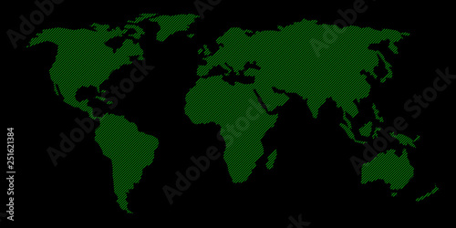 Retro computer screen illustration of green hatched map of the world.