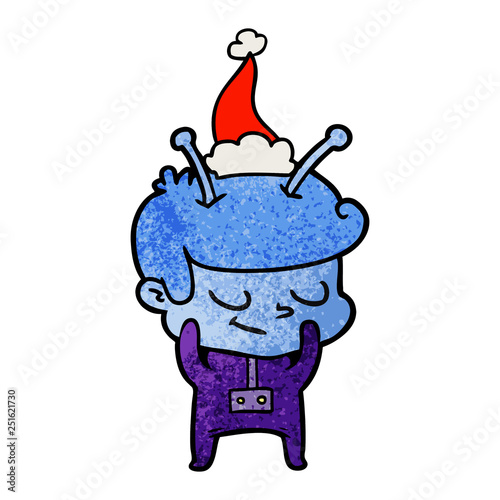 shy textured cartoon of a spaceman wearing santa hat