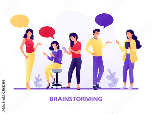 Brainstorming. People talking together. Businessmen and women discuss social networks, news. Chat, dialogue speech bubbles. Teamwork, searching for idea. Flat concept vector illustration.