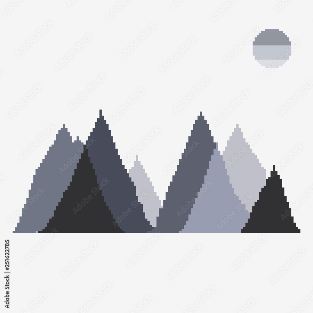 Vector mountain landscape, sun, clouds. Pixel art. 8bit. Illustration for cards, posters, banners.