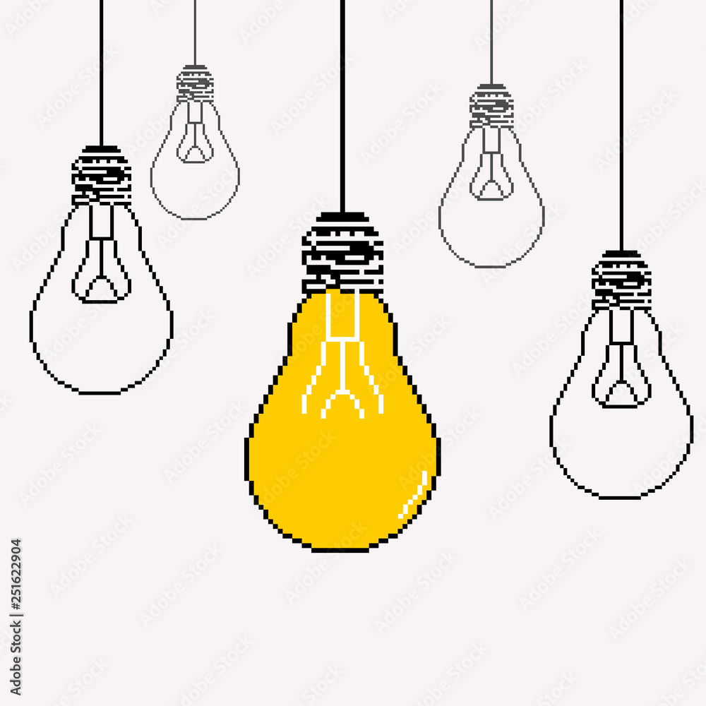 Set of hanging light bulbs. Seamless pattern. Energy and idea symbol. Decoration for greeting cards, patches, prints for clothes, badges, posters. Pixel art. 8 bit. Set of hanging light bulbs. Seamless pattern. Energy and idea symbol. Decoration for greeting cards, patches, prints for clothes, badges, posters. Pixel art. 8 bit.