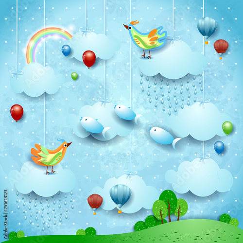 Fantasy landscape with rain, balloons, birds and flying fisches