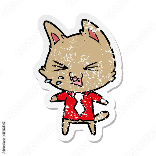 distressed sticker of a cartoon cat wearing shirt hissing