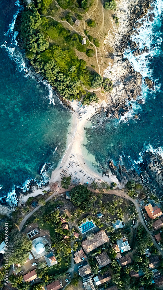 Blue beach island Nilwella. Aerial view of the south coast of the island of Sri Lanka