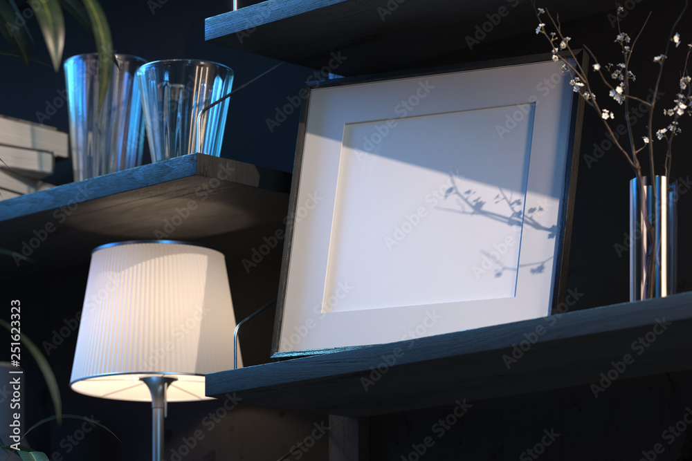 Blank photo frame on wooden shelf in dark living room. 3d rendering. - obrazy, fototapety, plakaty 