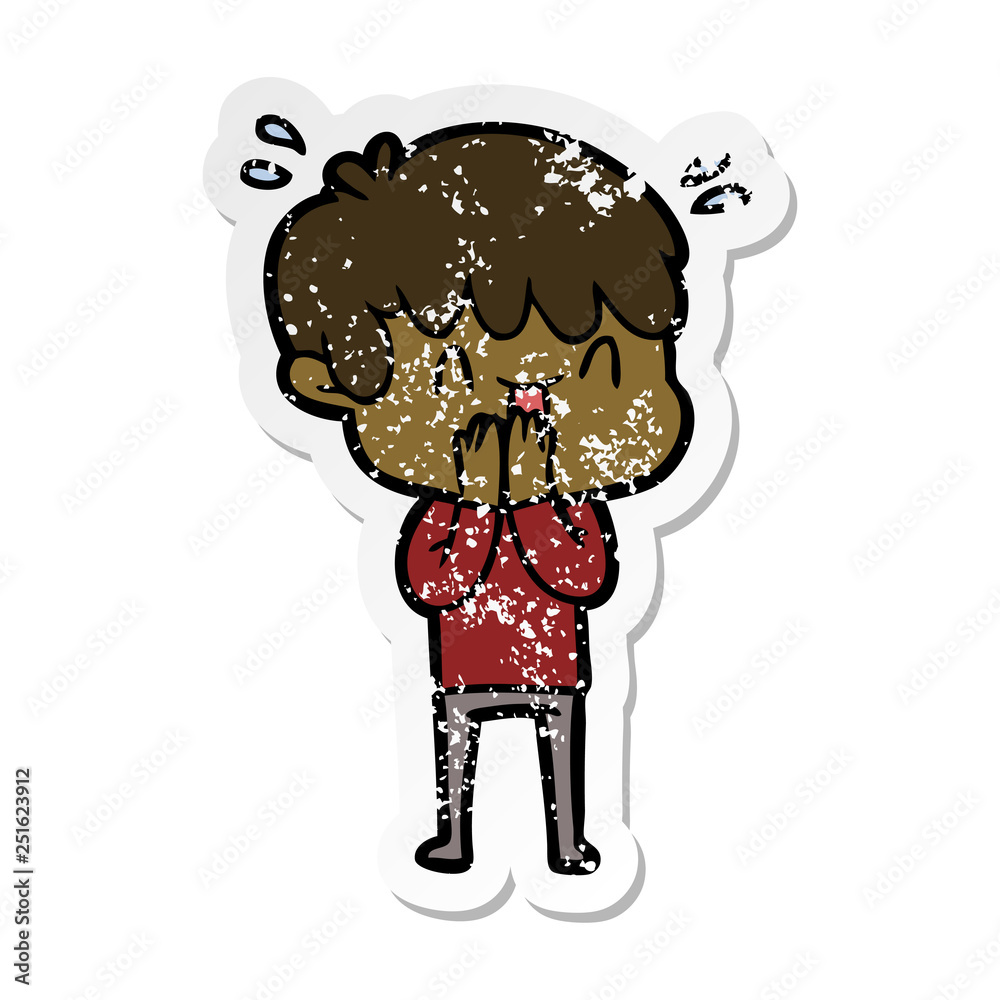 distressed sticker of a cartoon laughing boy distressed sticker of a cartoon laughing boy