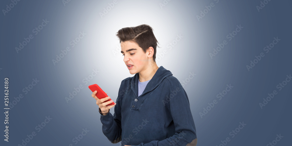 angry young man with isolated mobile phone on background angry young man with isolated mobile phone on background