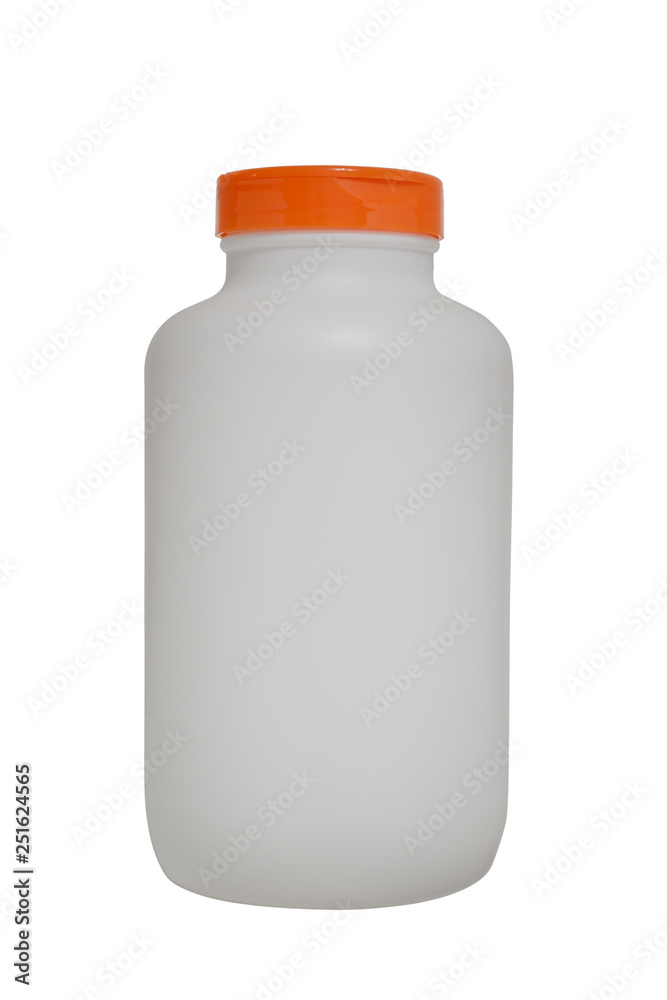 white plastic bottle with an orange cover for drugs or sports food. Isolated on a white background white plastic bottle with an orange cover for drugs or sports food. Isolated on a white background