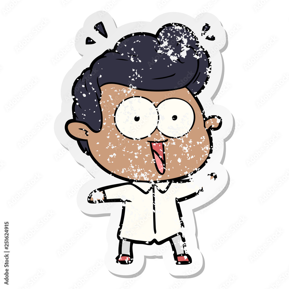 distressed sticker of a cartoon excited man distressed sticker of a cartoon excited man