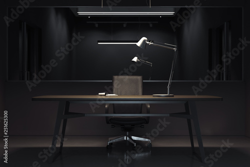 Dark interrogation room with switched-off lamp and big mirror, 3d rendering. photo