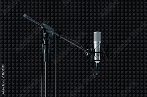 Close up of microphone set up isolated on black background. 3d rendering.