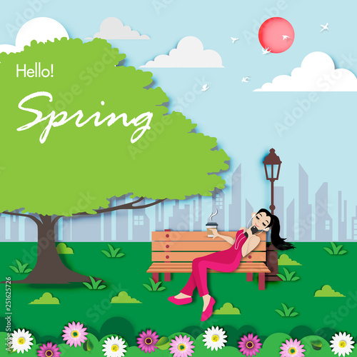 Spring season background with graden wood chair and paper art design vector and illustration