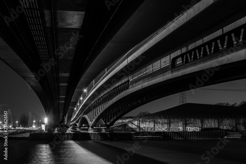 Bottom of a Bridge, Big Bridge at Night, Bridge Construction, black and white