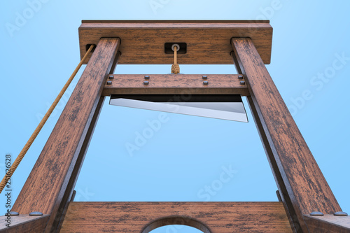 Guillotine, bottom view against blue sky. 3D rendering photo