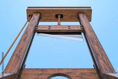 Guillotine, bottom view against blue sky. 3D rendering