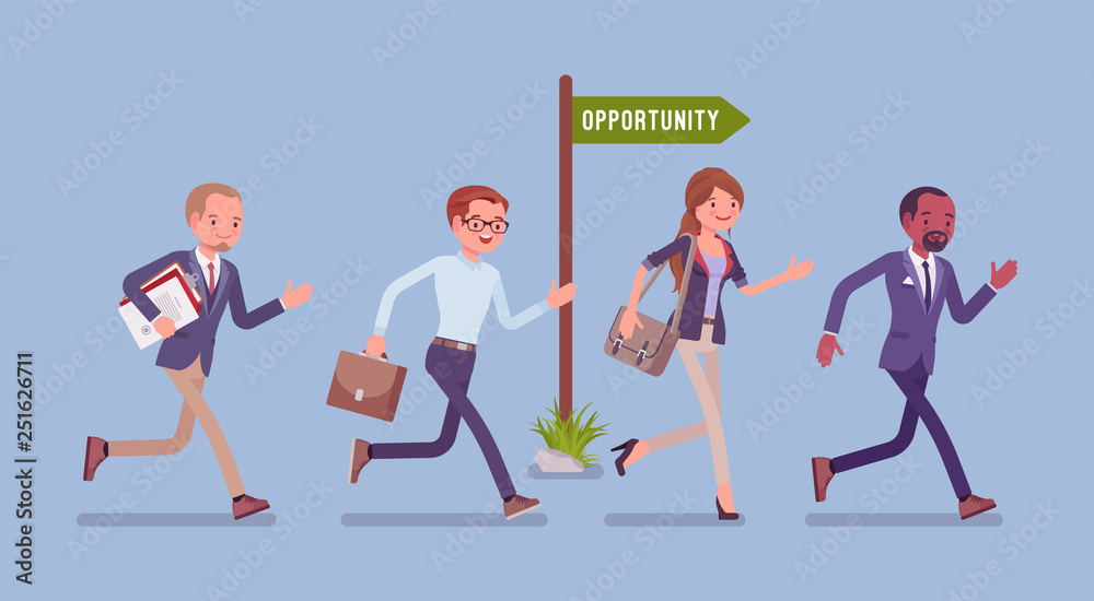 Opportunity, business people run for employment or promotion chance. Male and female managers get possibility, active employees see promising project, potential success motivation. Vector illustration